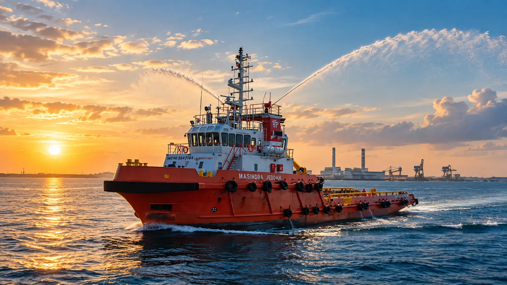 Marine support tugboat operating at sea