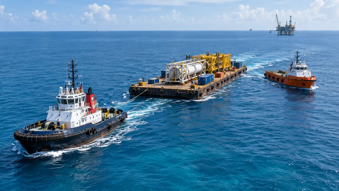 Tugboats and barge providing marine spread services