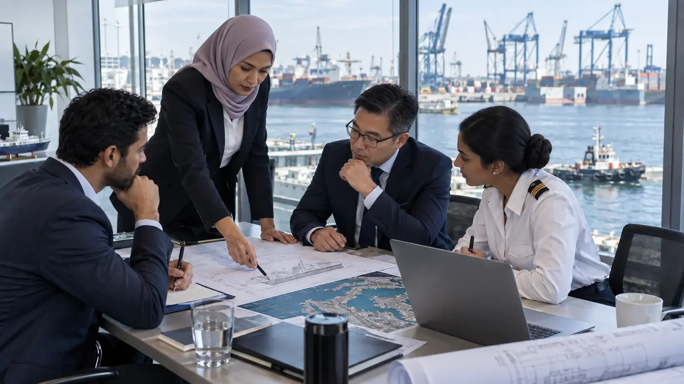 Diverse Malaysian marine consultants reviewing vessel plans and strategy