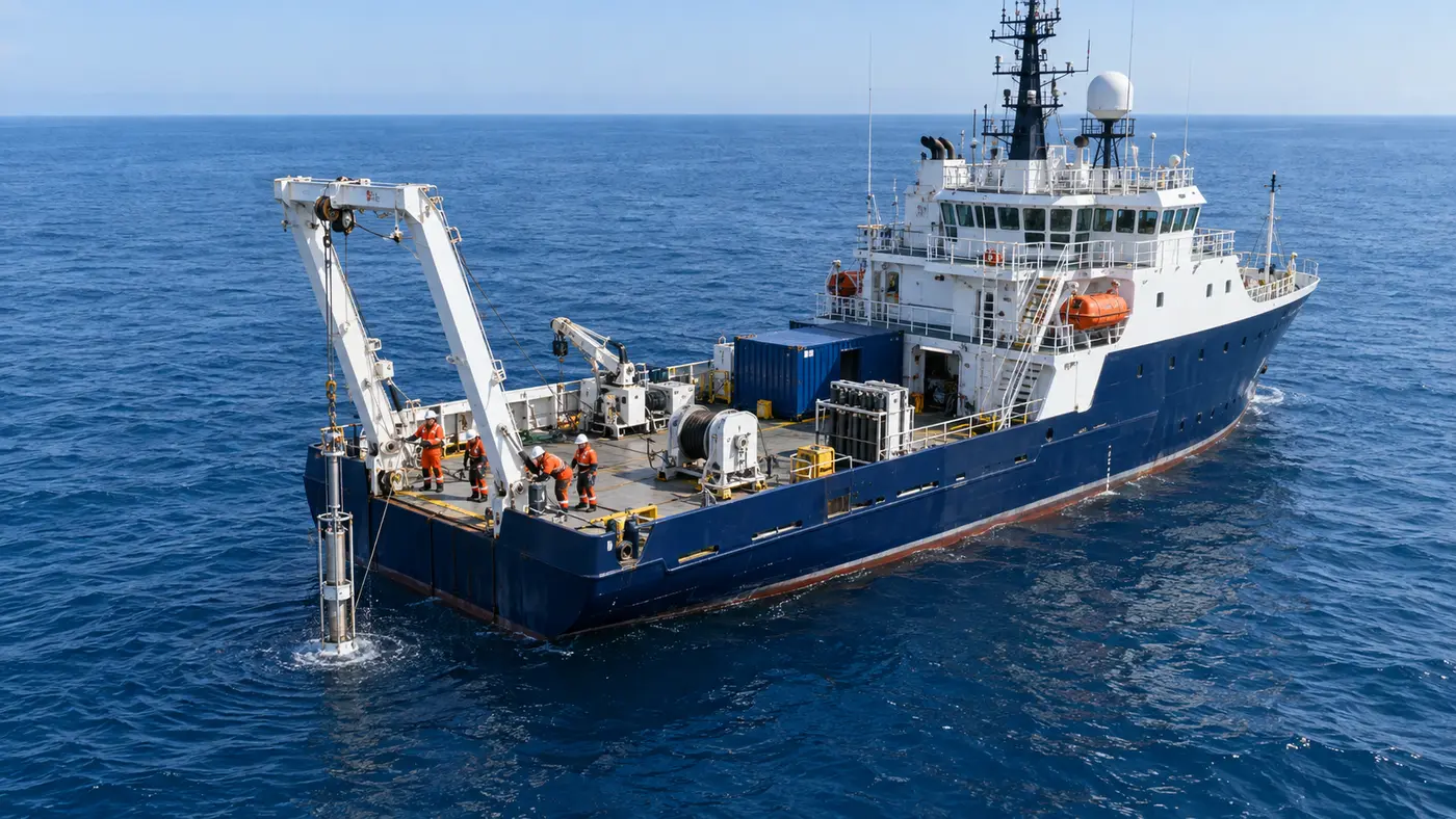 Offshore survey vessel deploying sampling equipment
