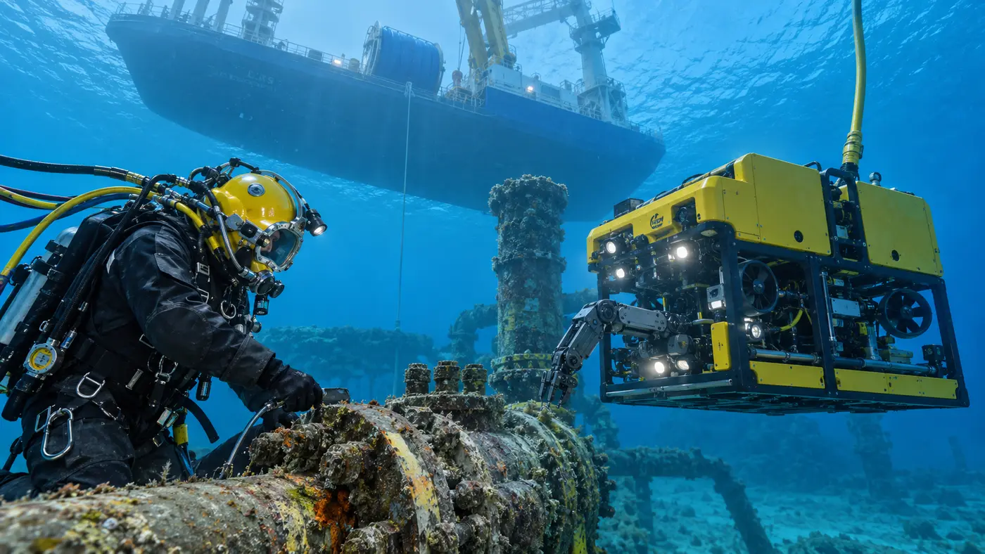 Commercial diver and ROV conducting underwater work