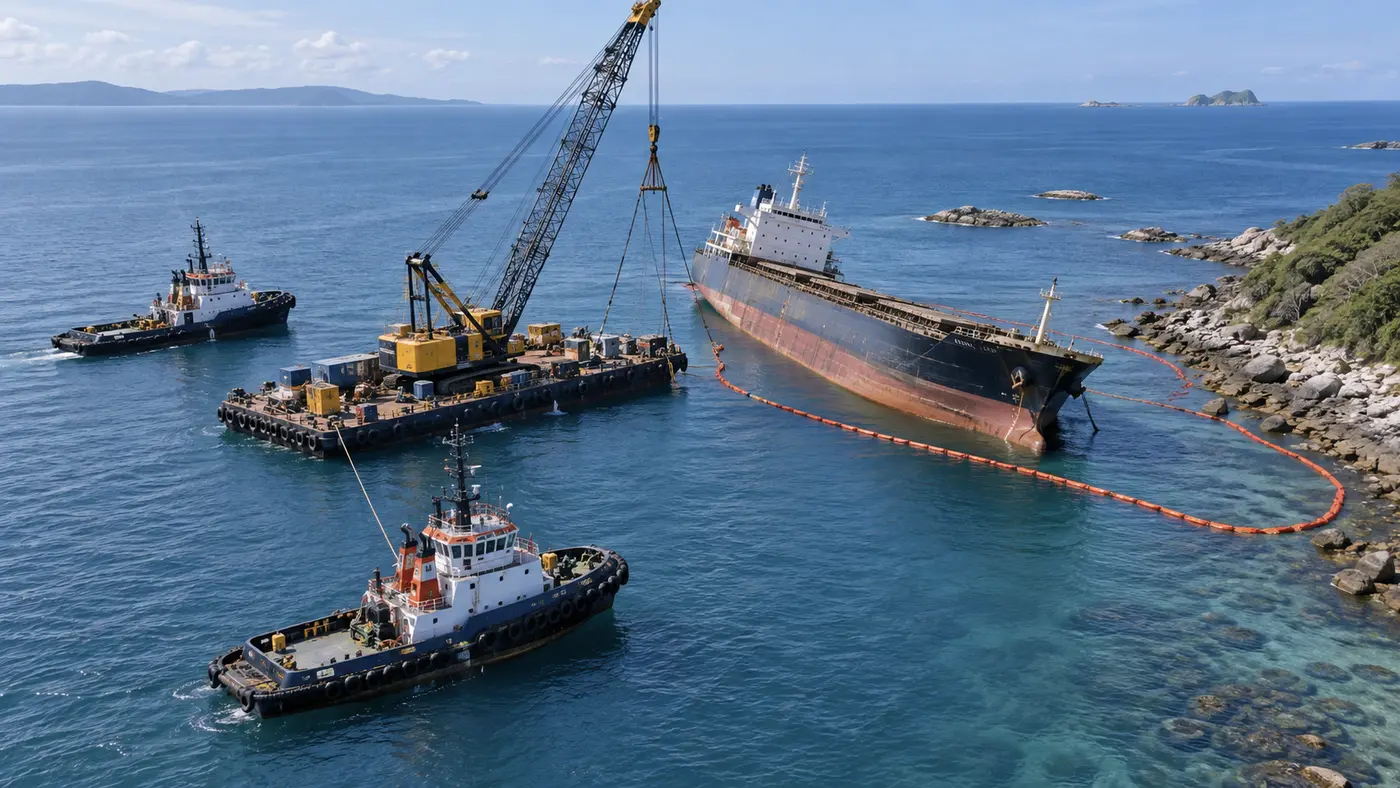 Salvage vessels refloating a grounded ship