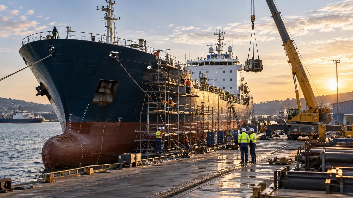 Vessel undergoing repair at a marine shipyard