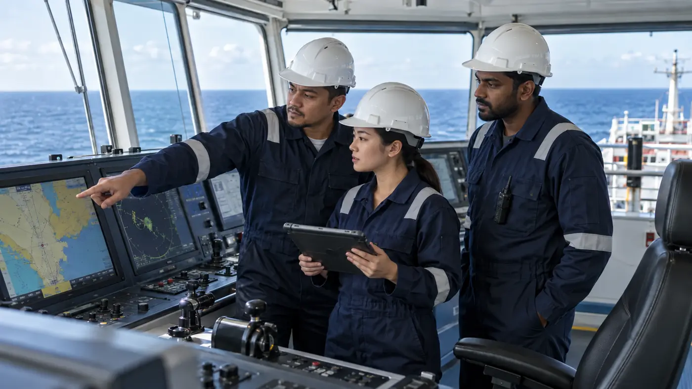 Malaysian marine officers managing vessel operations from the bridge